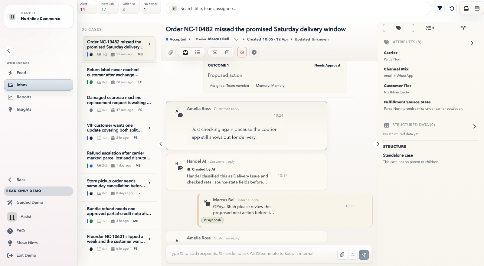 Handel inbox view showing a shared queue, case detail, messages and next actions.