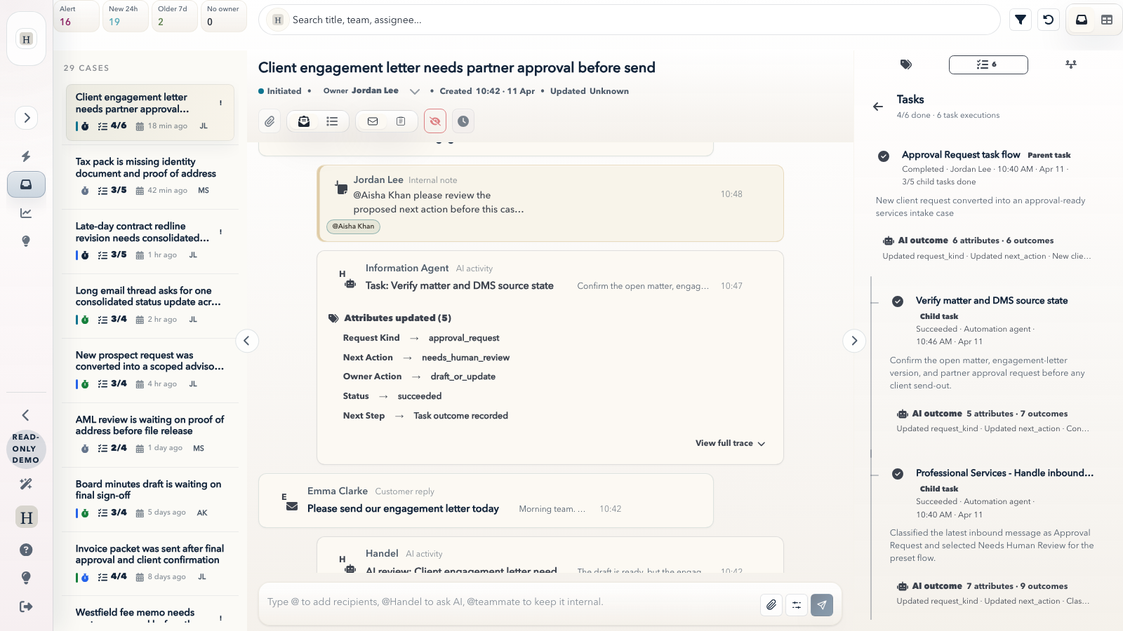 Handel professional services demo showing an engagement-letter case with tasks open.
